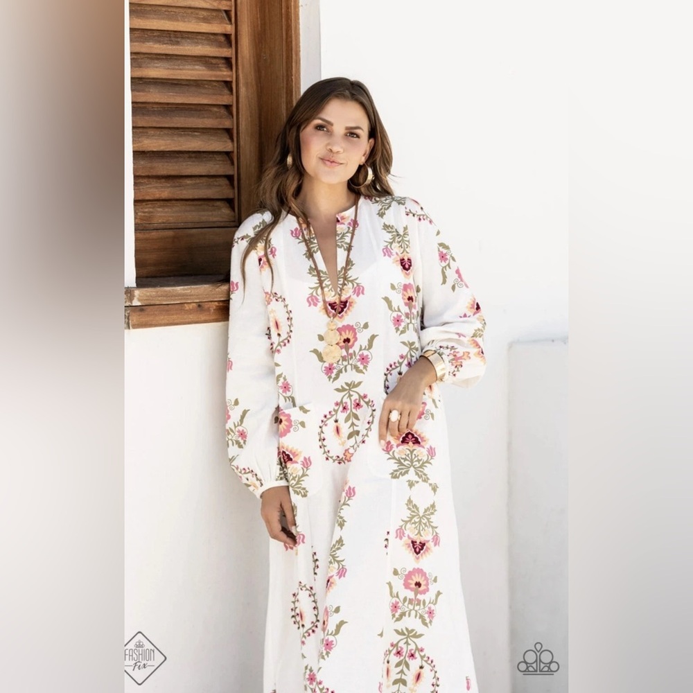 Zara Floral Kaftan Dress Print Midi Linen Cotton Blend XL - Picture 3 of 6